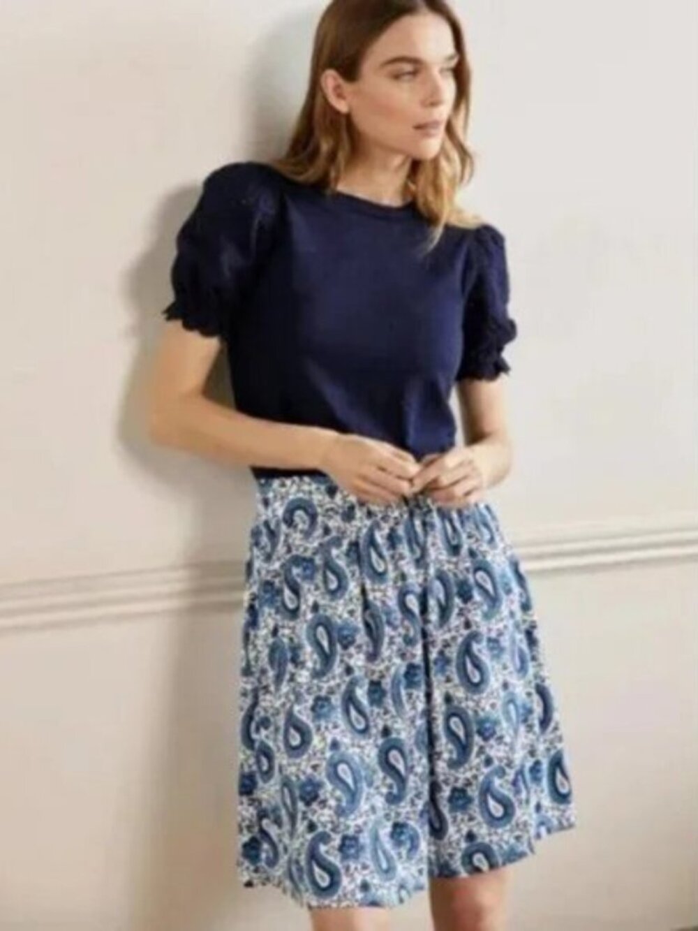 Boden Women Jersey Skirt Hyacinth Blue Enchanting Paisley pull on soft stretch
